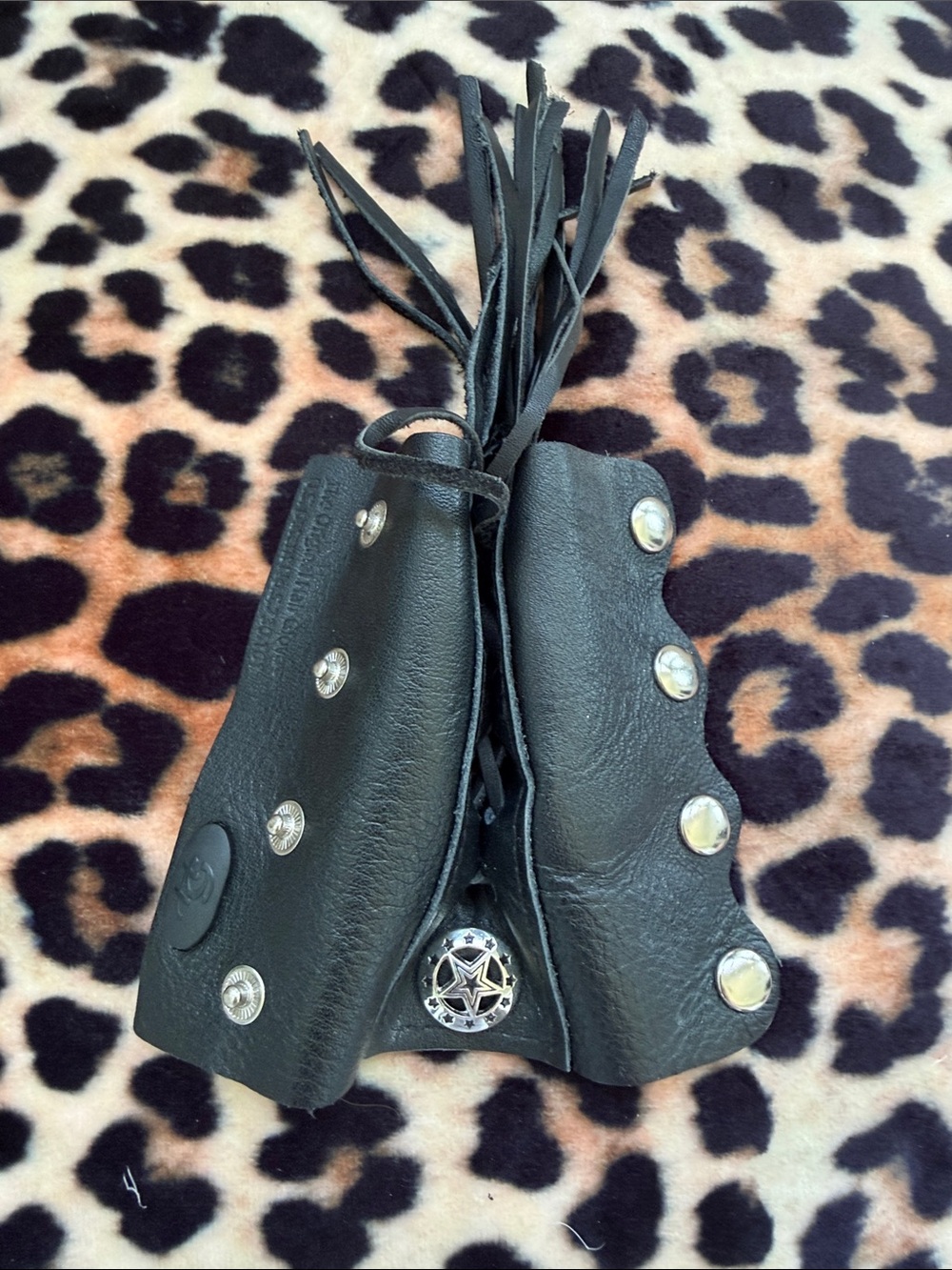 Black Leather Tassel Hair Glove with Concho Accents